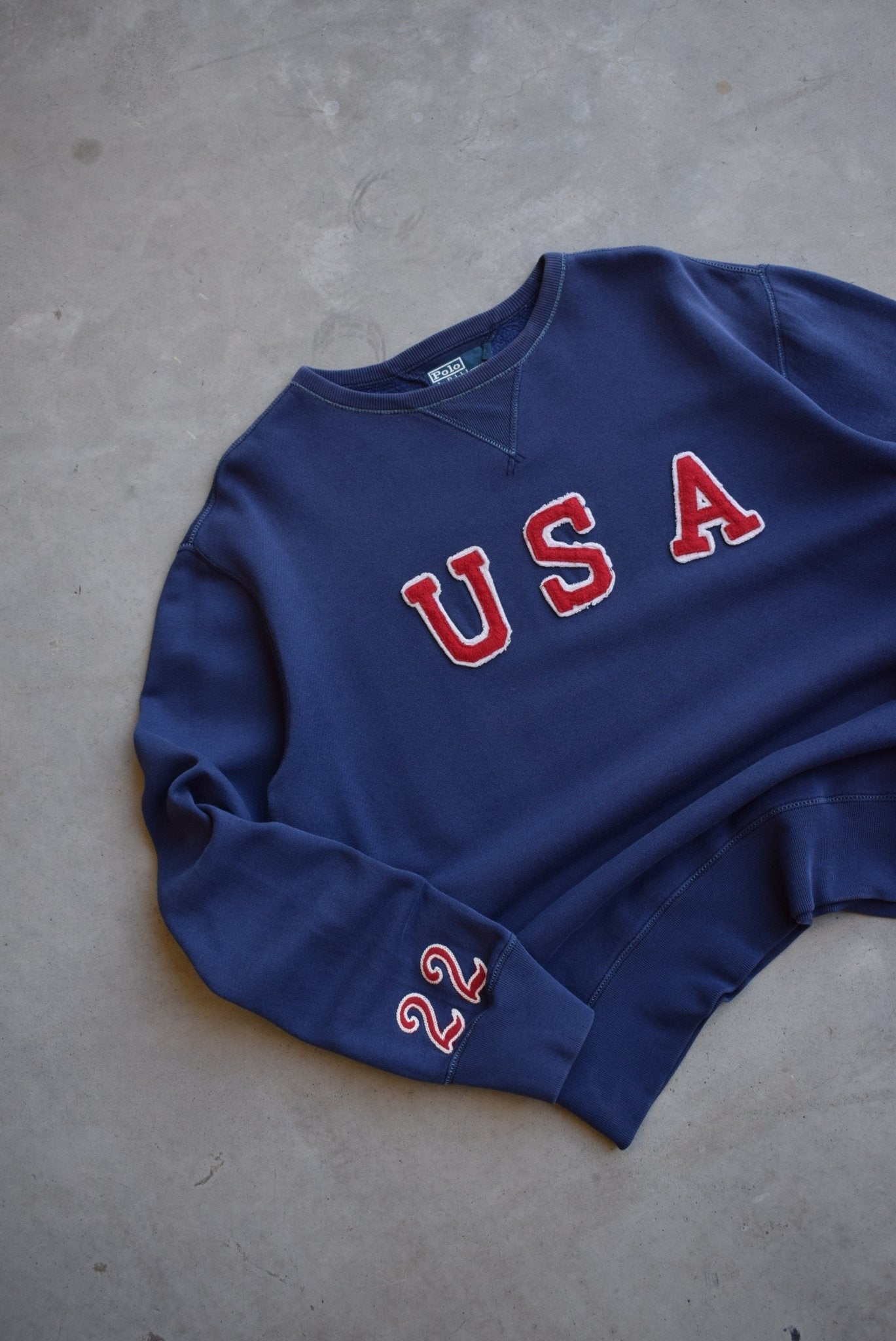 Polo Ralph Lauren USA Navy Embroidered Spellout Crewneck — 1990s (XL) - Retrospective Store