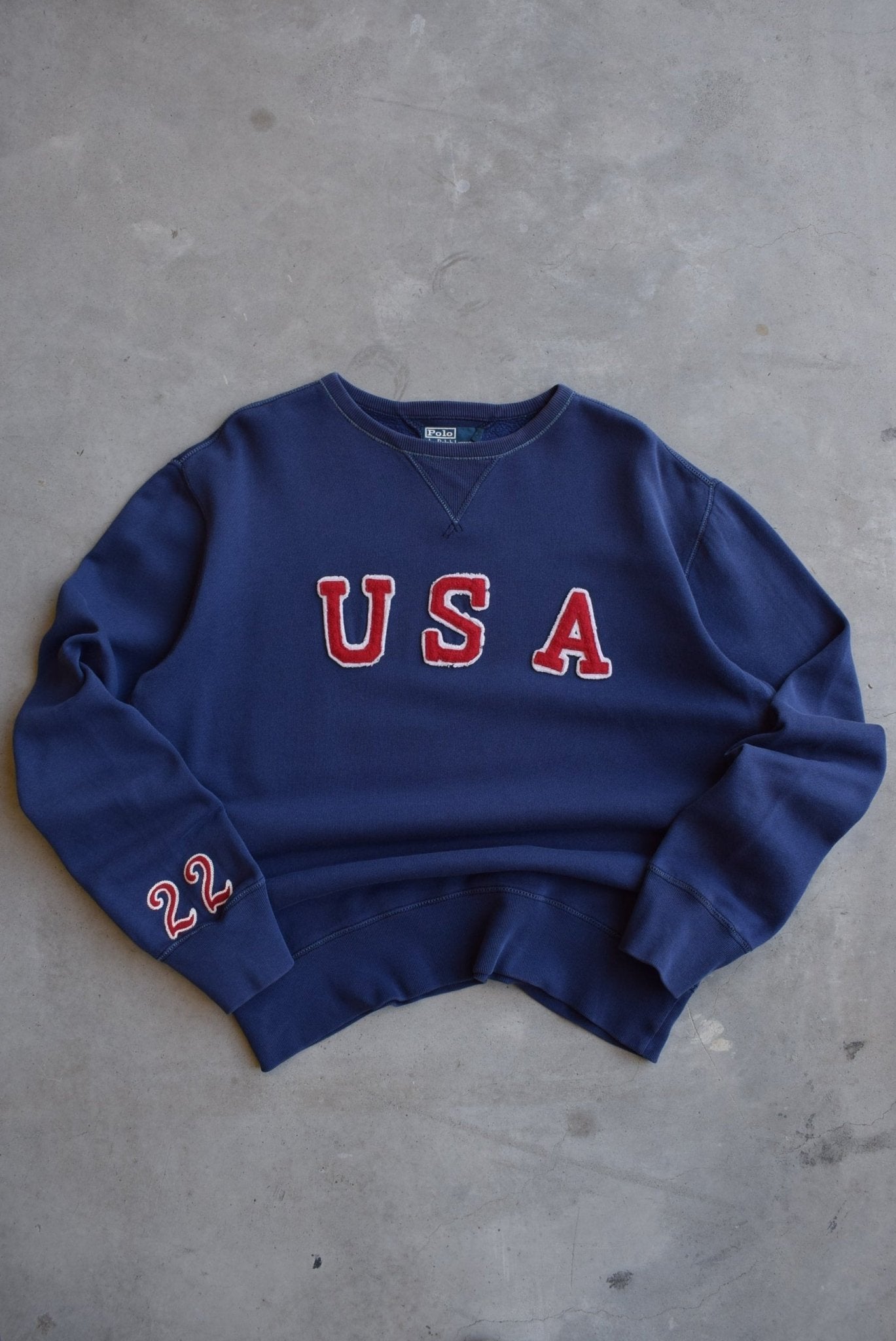Polo Ralph Lauren USA Navy Embroidered Spellout Crewneck — 1990s (XL) - Retrospective Store