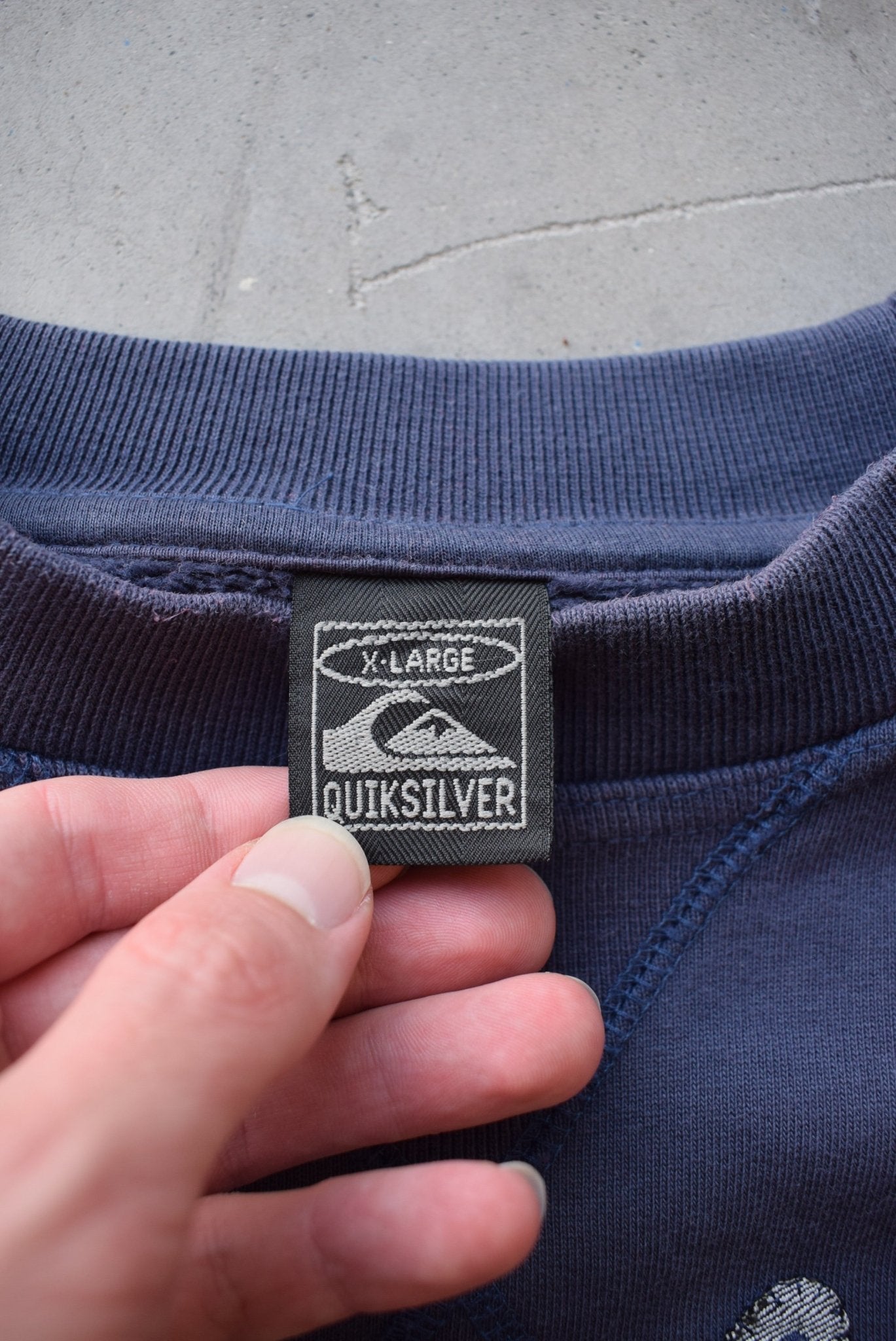Quiksilver Navy Embroidered Spellout Crewneck — 1990s (L) - Retrospective Store