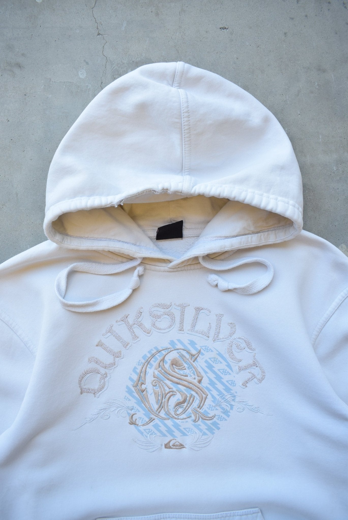 Quiksilver White Embroidered Spellout Hoodie — 2000s (S/M) - Retrospective Store