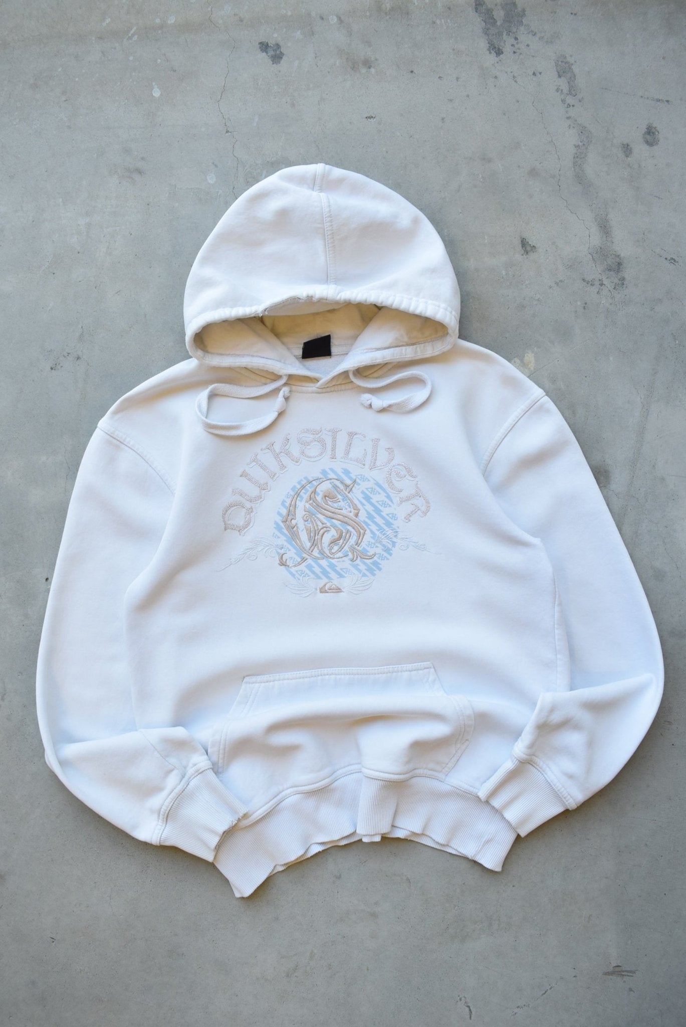 Quiksilver White Embroidered Spellout Hoodie — 2000s (S/M) - Retrospective Store