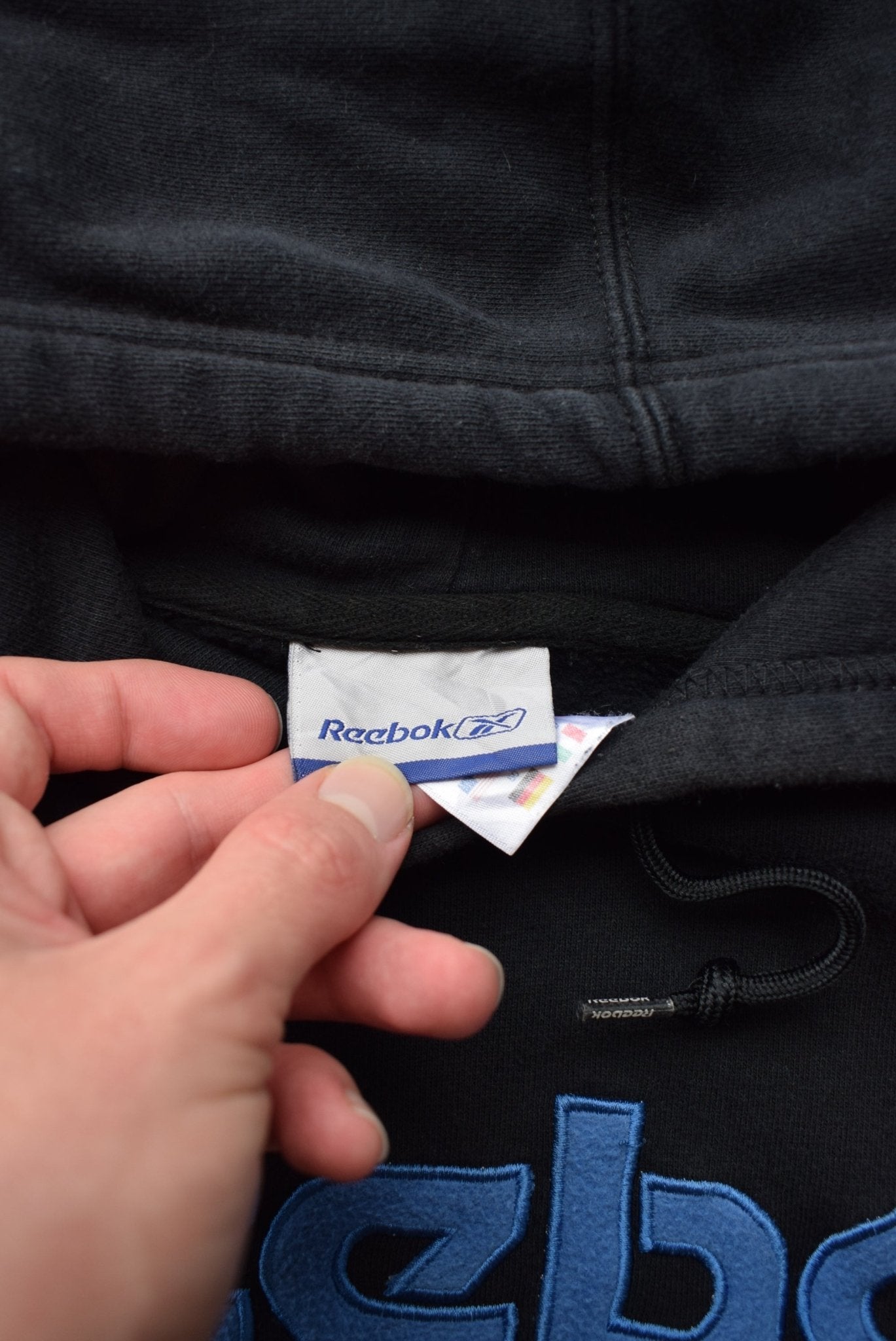 Reebok Black Embroidered Spellout Hoodie — 1990s (M) - Retrospective Store