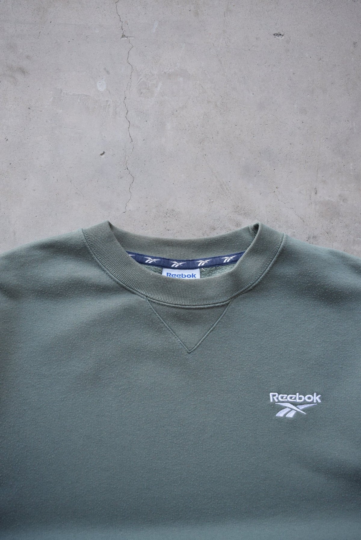 Reebok Moss-Green Embroidered Spellout Crewneck — 1990s (M/L) - Retrospective Store