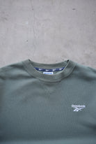 Reebok Moss-Green Embroidered Spellout Crewneck — 1990s (M/L) - Retrospective Store