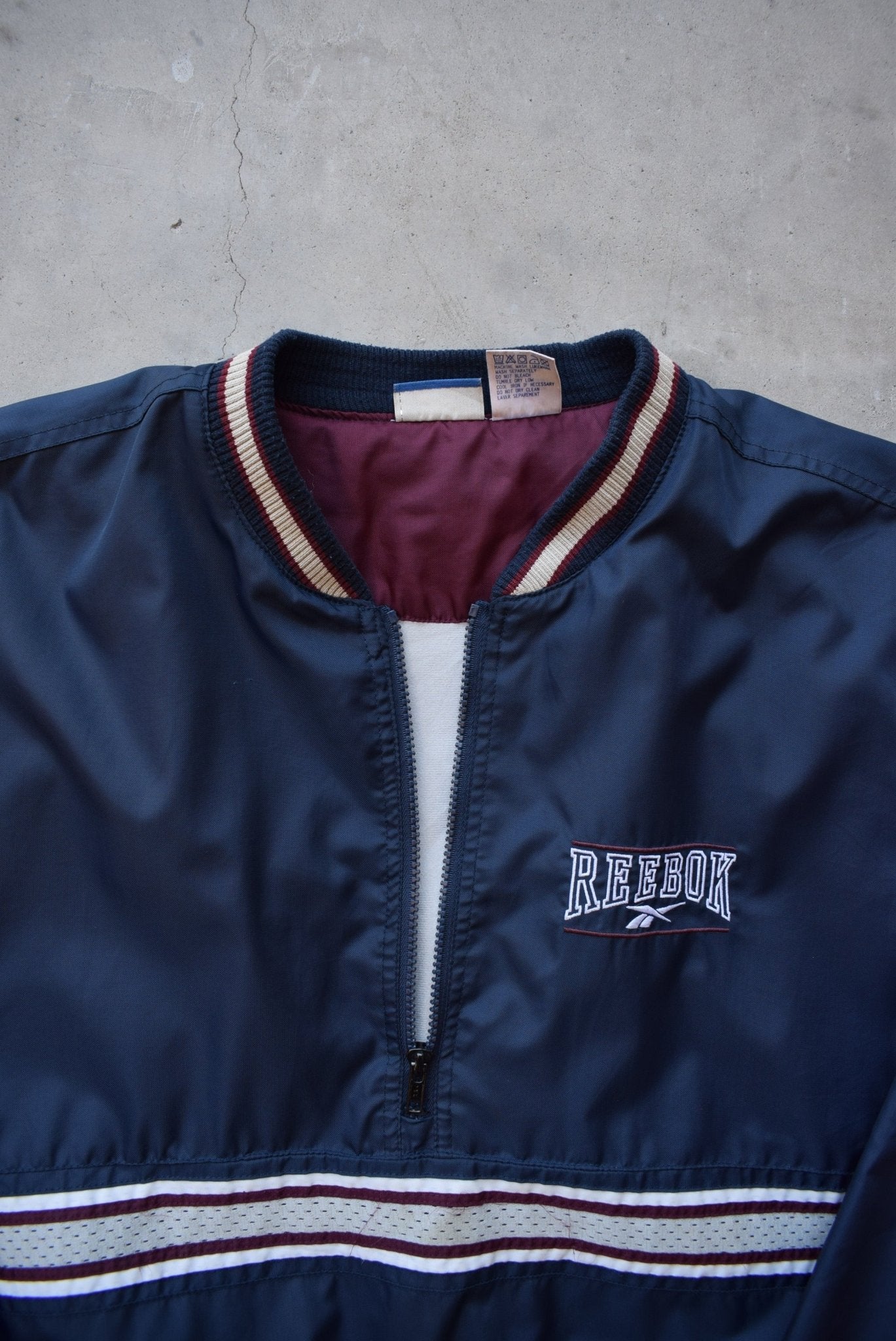 Reebok Navy Embroidered Spellout Half-Zip Jacket — 1990s (XL) - Retrospective Store