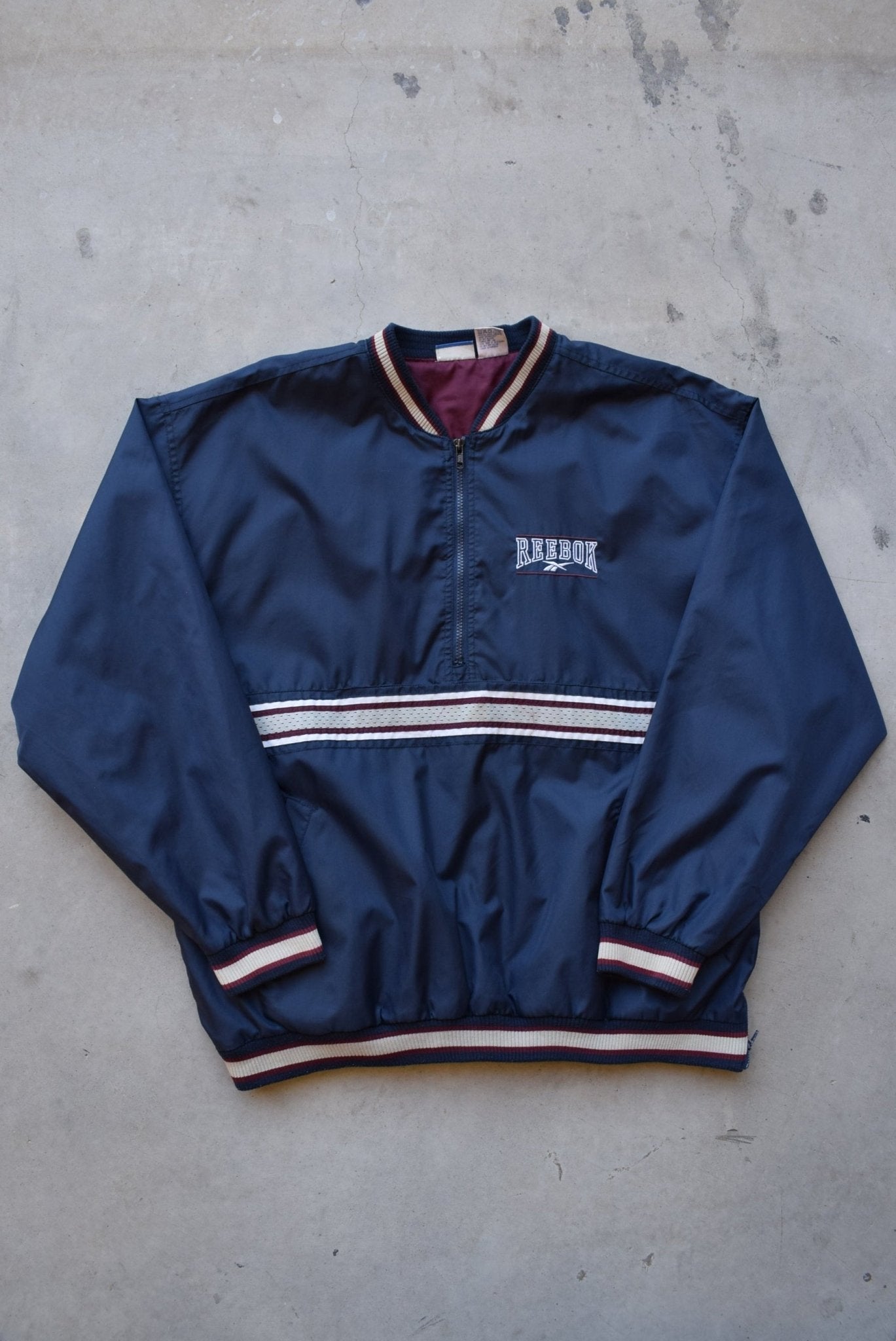 Reebok Navy Embroidered Spellout Half-Zip Jacket — 1990s (XL) - Retrospective Store