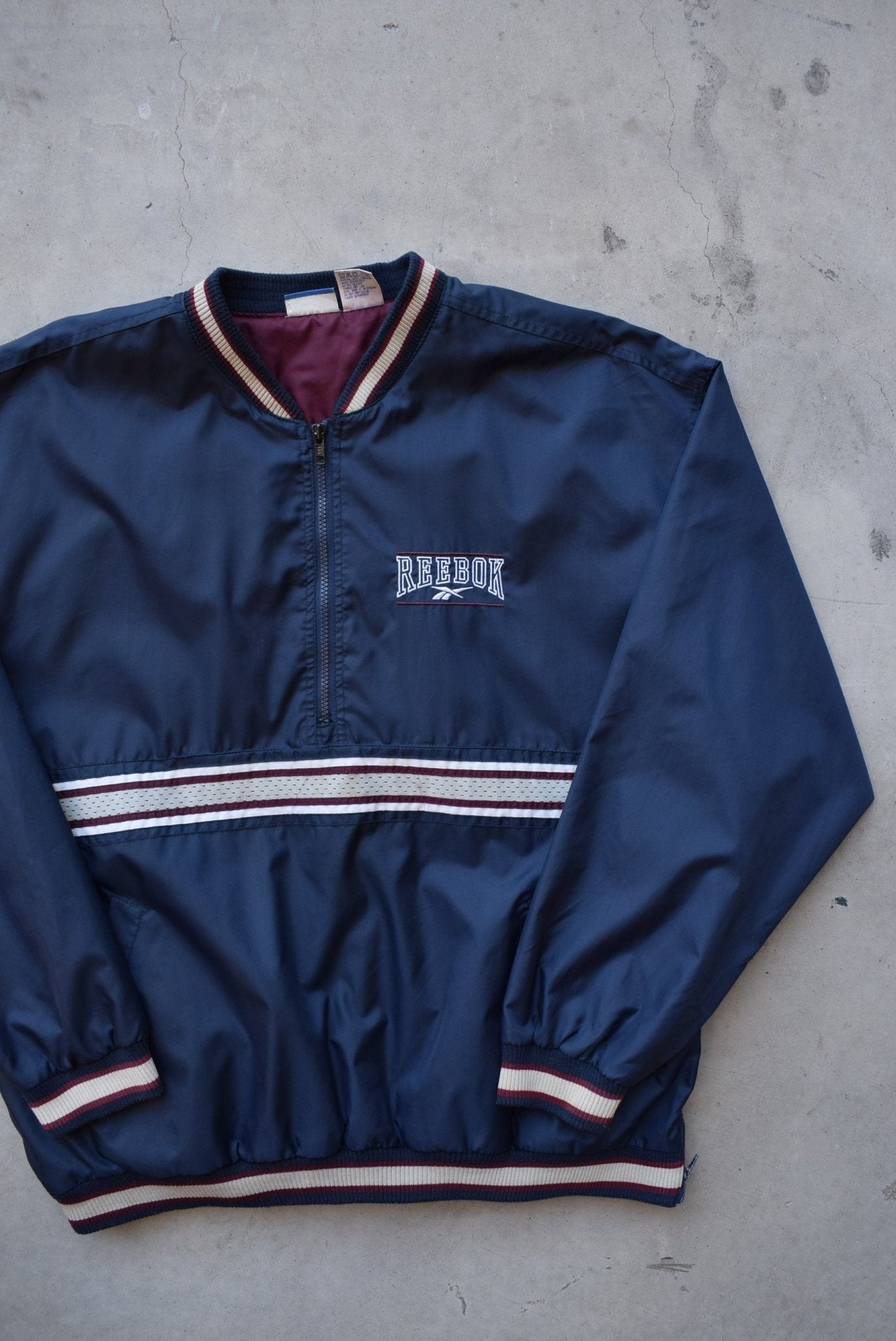 Reebok Navy Embroidered Spellout Half-Zip Jacket — 1990s (XL) - Retrospective Store