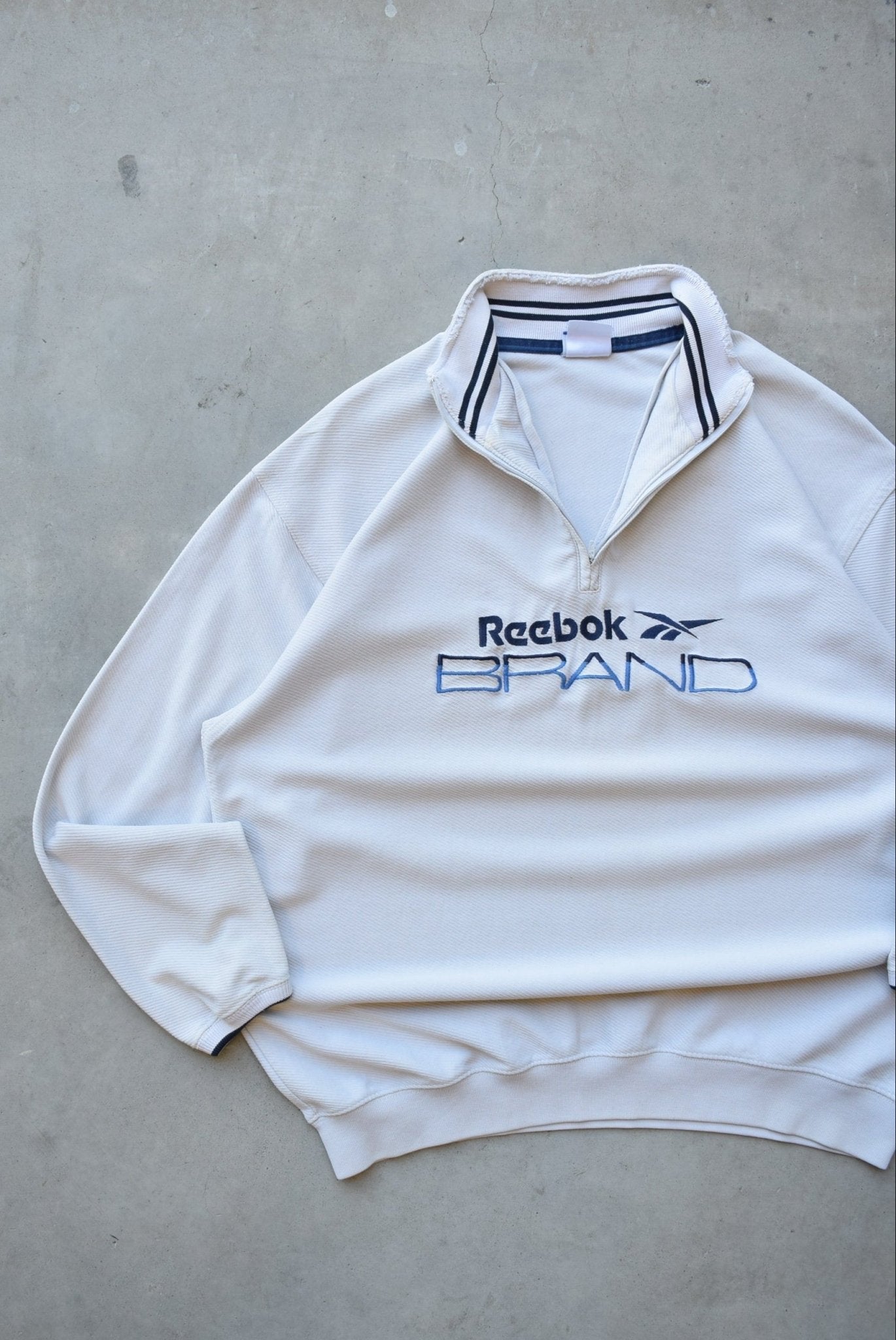 Reebok White Embroidered Spellout Quarter Zip — 1990s (L) - Retrospective Store