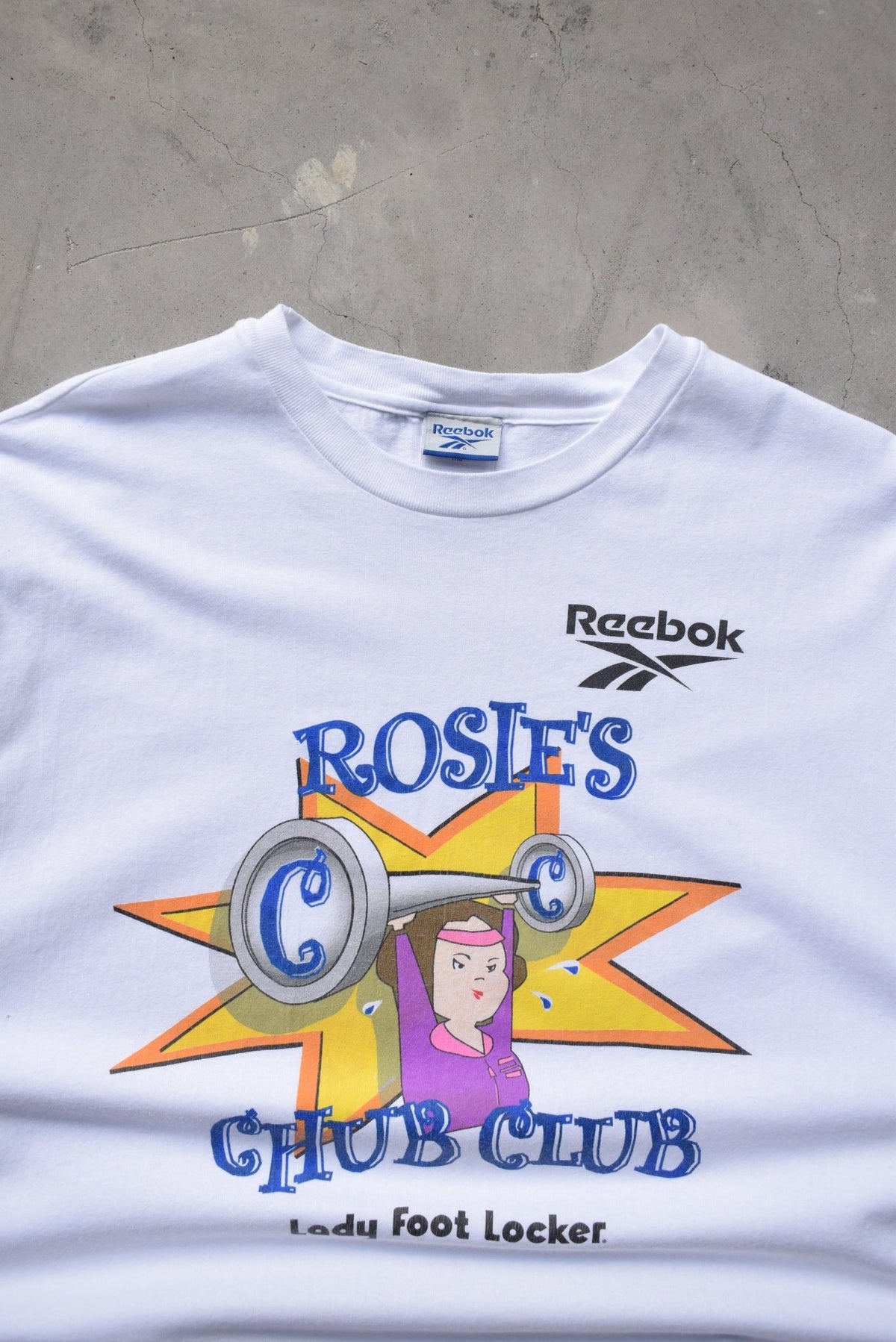 Reebok x Foot Locker 'Rosie's Chub Club' White Graphic Tee — 1990s (3XL) - Retrospective Store