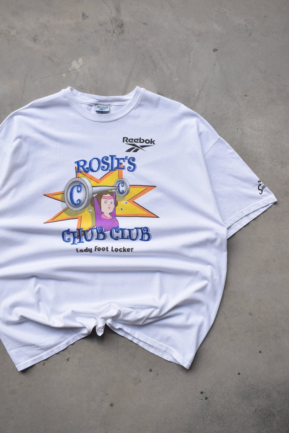 Reebok x Foot Locker 'Rosie's Chub Club' White Graphic Tee — 1990s (3XL) - Retrospective Store