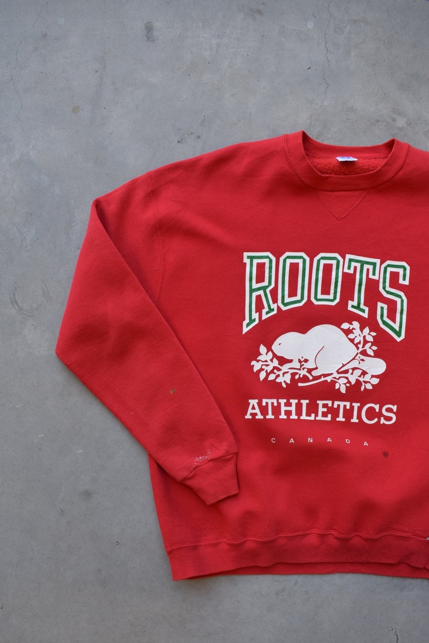 Russell x Roots Athletics Red Graphic Crewneck — 1990s (L) - Retrospective Store