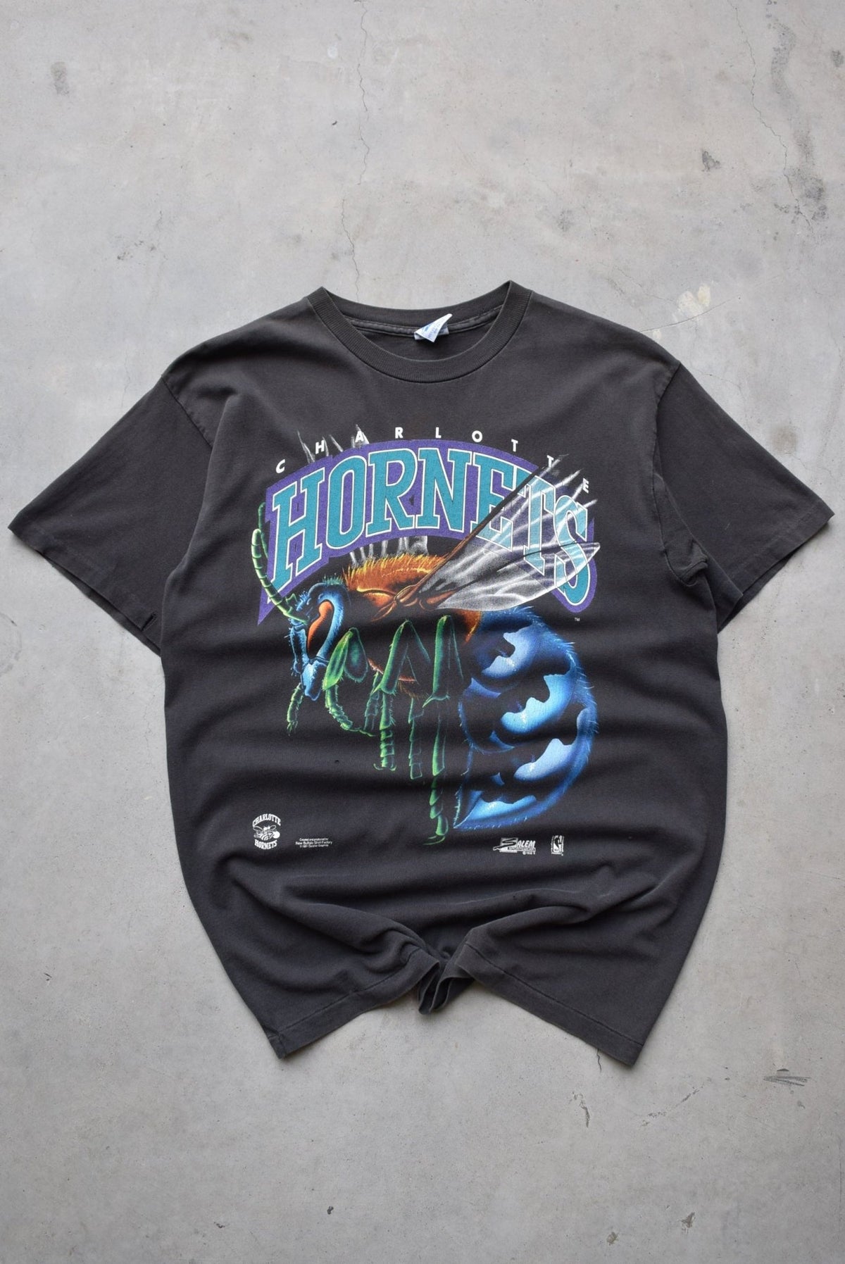Salem x NBA Charlotte Hornets Faded-Black Graphic Tee — 1991 (M) - Retrospective Store