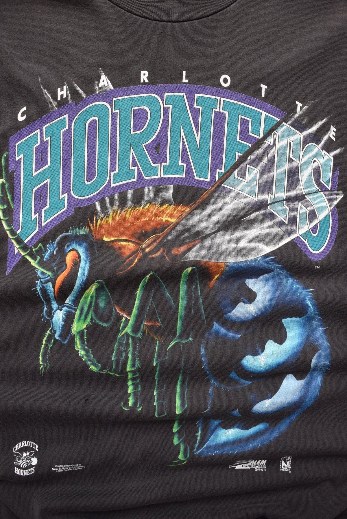 Salem x NBA Charlotte Hornets Faded-Black Graphic Tee — 1991 (M) - Retrospective Store
