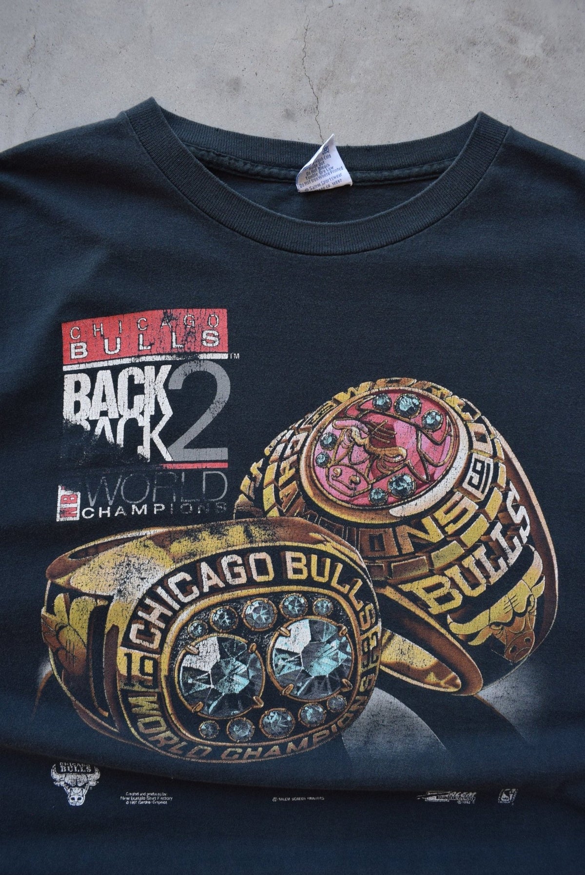 Salem x NBA Chicago Bulls Back-2-Back Champions Black Graphic Tee — 1992 (XL) - Retrospective Store