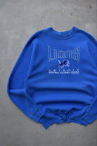 Salem x NFL Detroit Lions Blue Embroidered Spellout Crewneck — 1994 (XL) - Retrospective Store