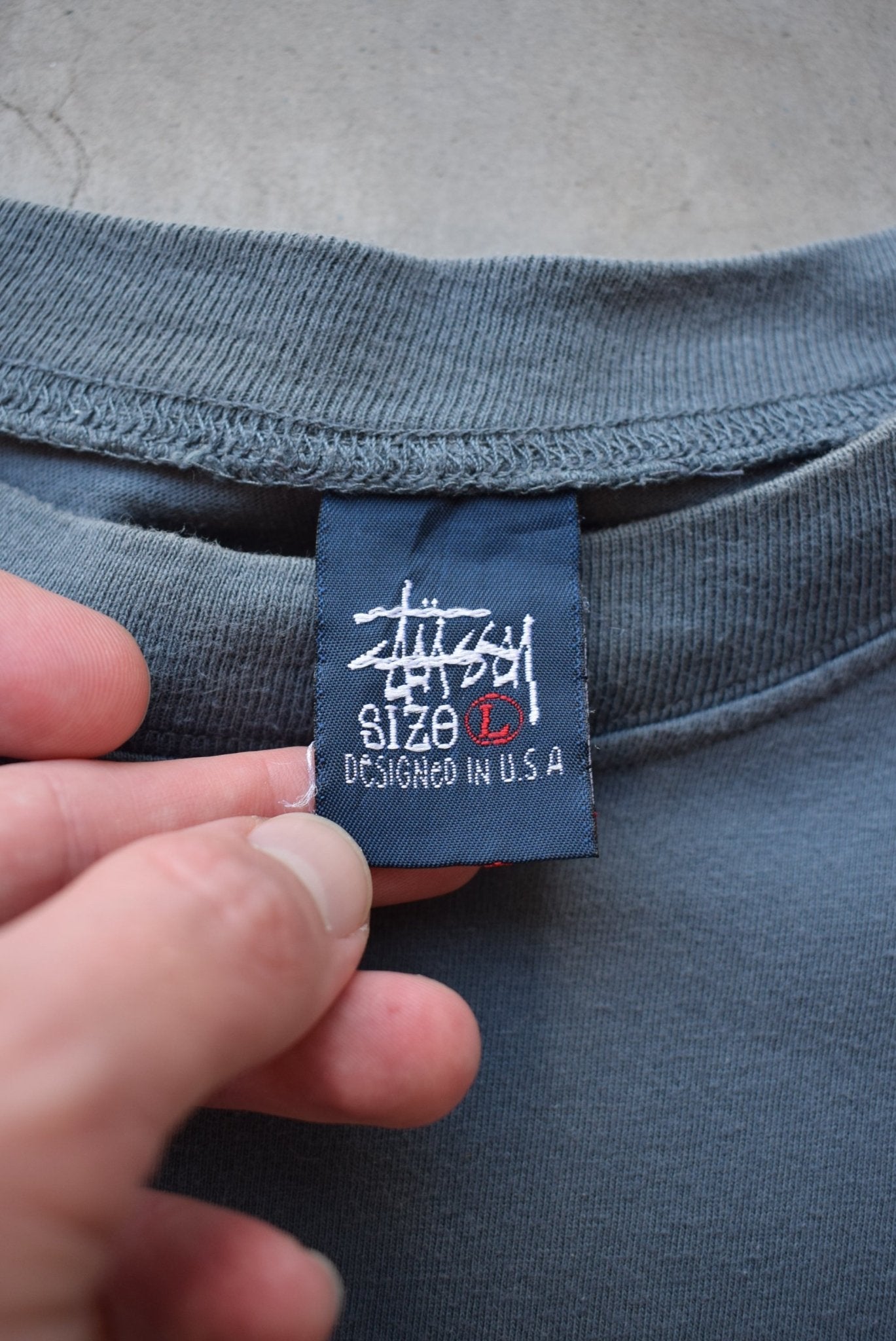 Stussy Navy Spellout Pocket Tee — 1990s (L) - Retrospective Store