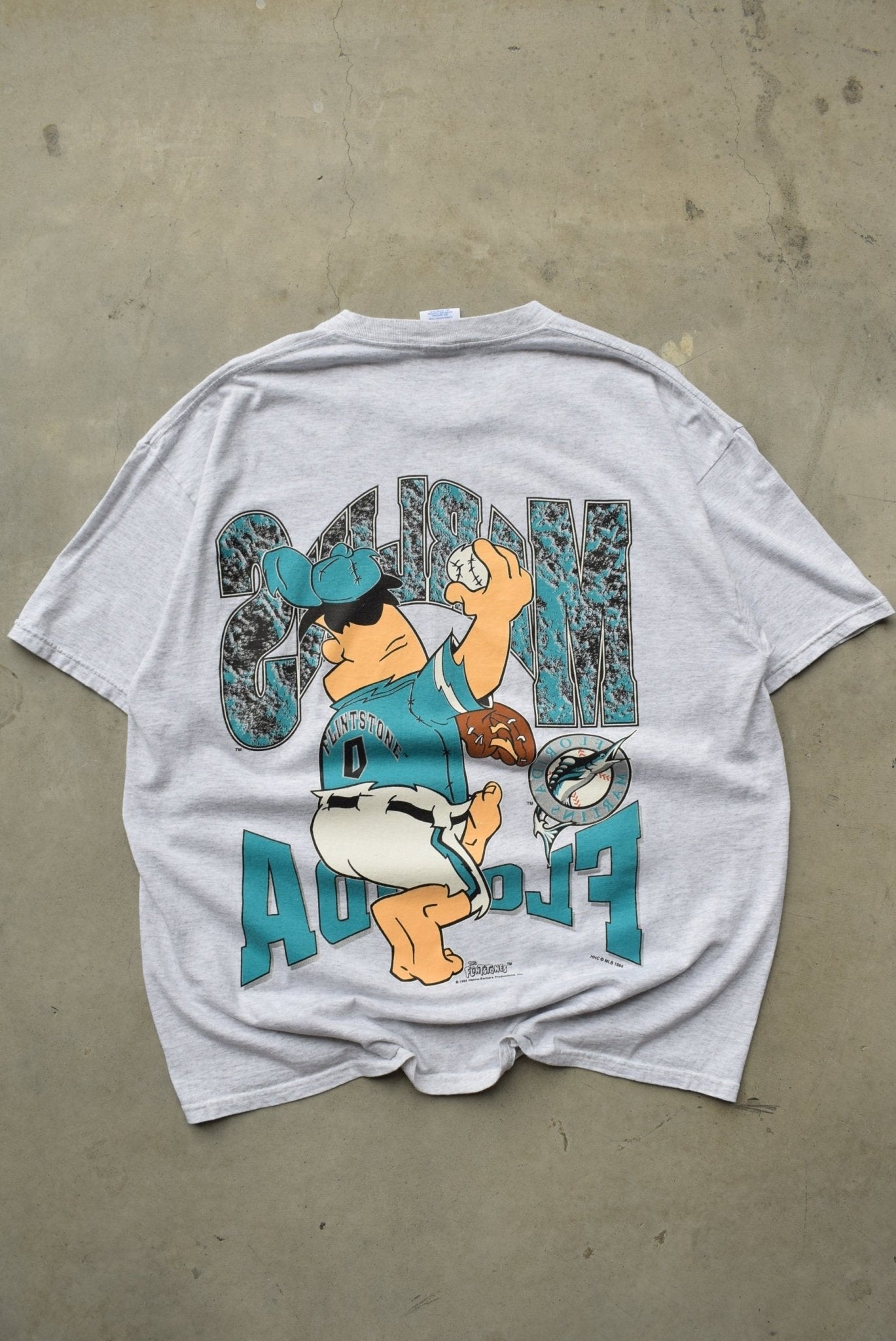 The Flintstones x MLB Florida Marlins Grey Graphic Tee — 1994 (XL/XXL) - Retrospective Store