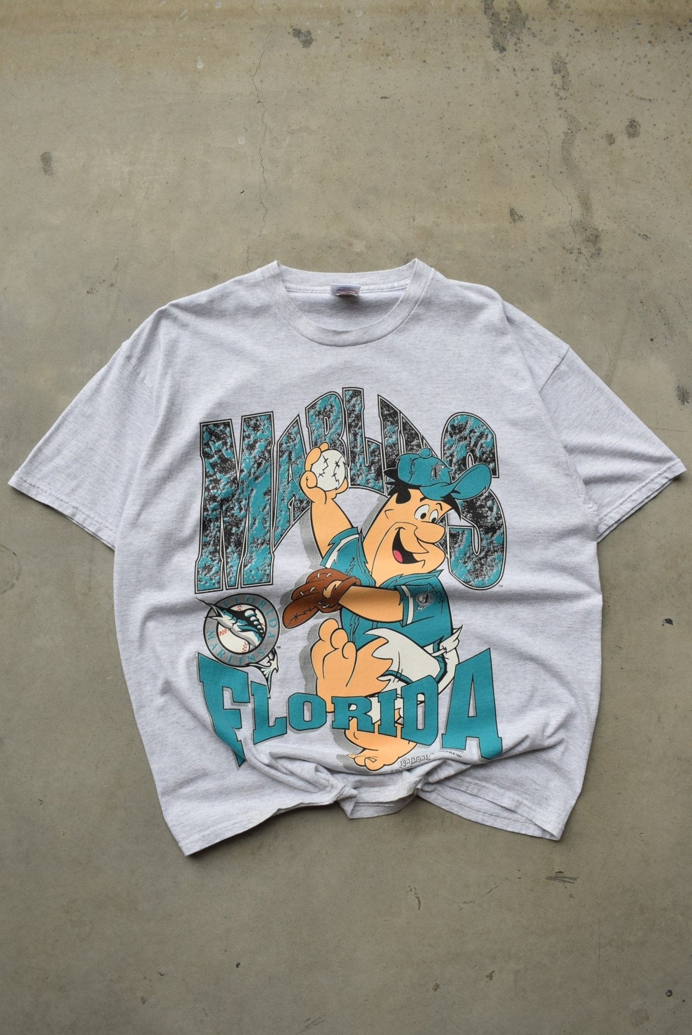 The Flintstones x MLB Florida Marlins Grey Graphic Tee — 1994 (XL/XXL) - Retrospective Store