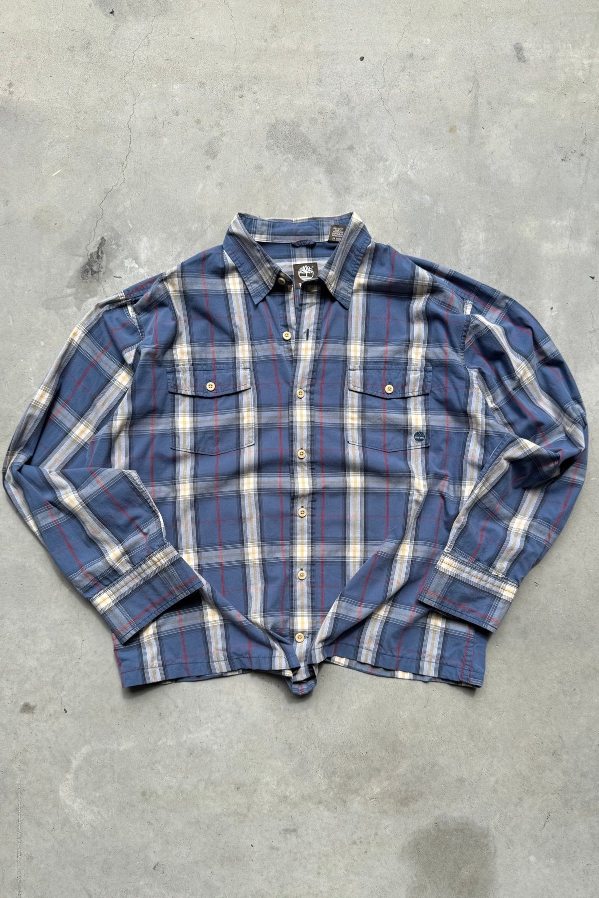 Timberland Blue Cropped Long Sleeve Button Up — 2000s (XL) - Retrospective Store