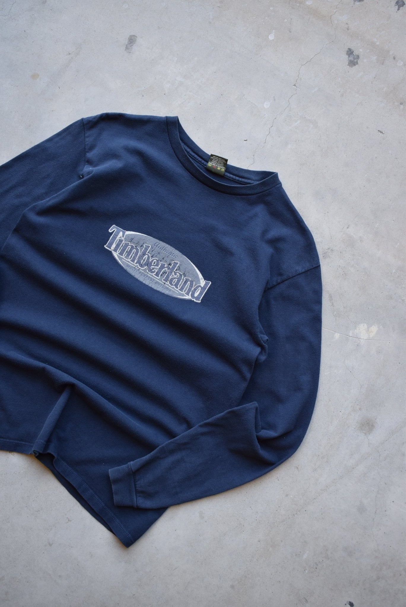 Timberland Navy Spellout Long Sleeve Tee — 1990s (S) - Retrospective Store