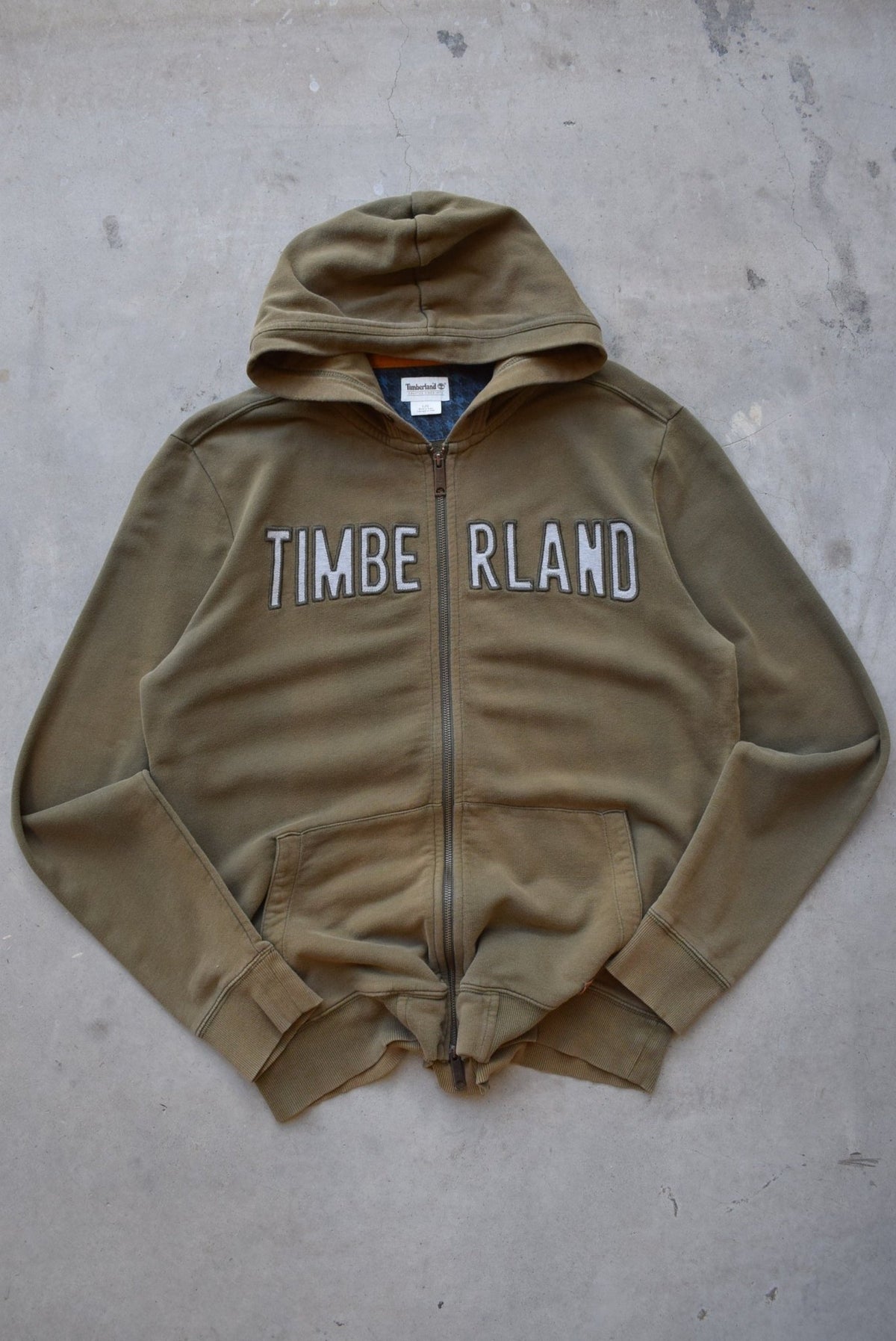 Timberland Olive-Green Embroidered Spellout Full-Zip Hoodie — 2000s (L) - Retrospective Store