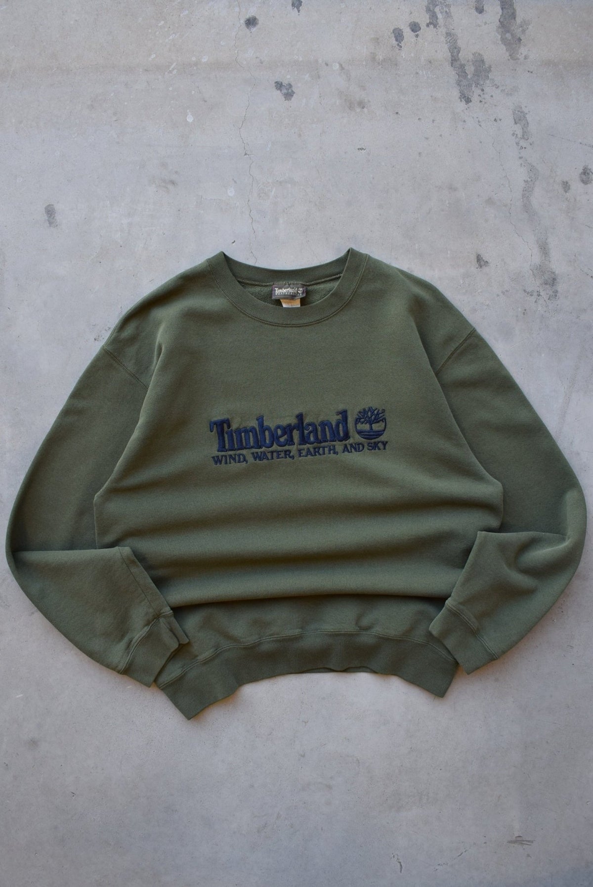 Timberland Weathergear Green Embroidered Spellout Crewneck — 1990s (M/L) - Retrospective Store