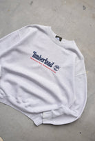 Timberland Weathergear Grey Embroidered Spellout Crewneck — 1990s (L) - Retrospective Store