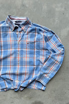 Tommy Hilfiger Blue & Red Cropped Long Sleeve Button Up — 2000s (L/XL) - Retrospective Store