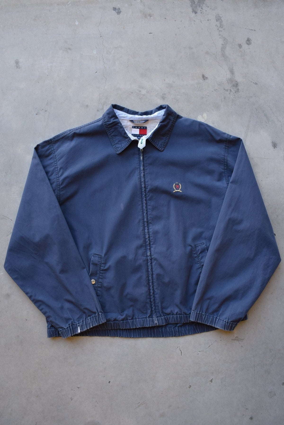 Tommy Hilfiger Navy Embroidered Logo Harrington Jacket — 1990s (XL) - Retrospective Store