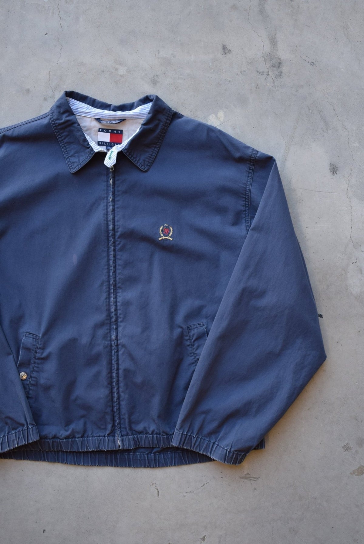 Tommy Hilfiger Navy Embroidered Logo Harrington Jacket — 1990s (XL) - Retrospective Store