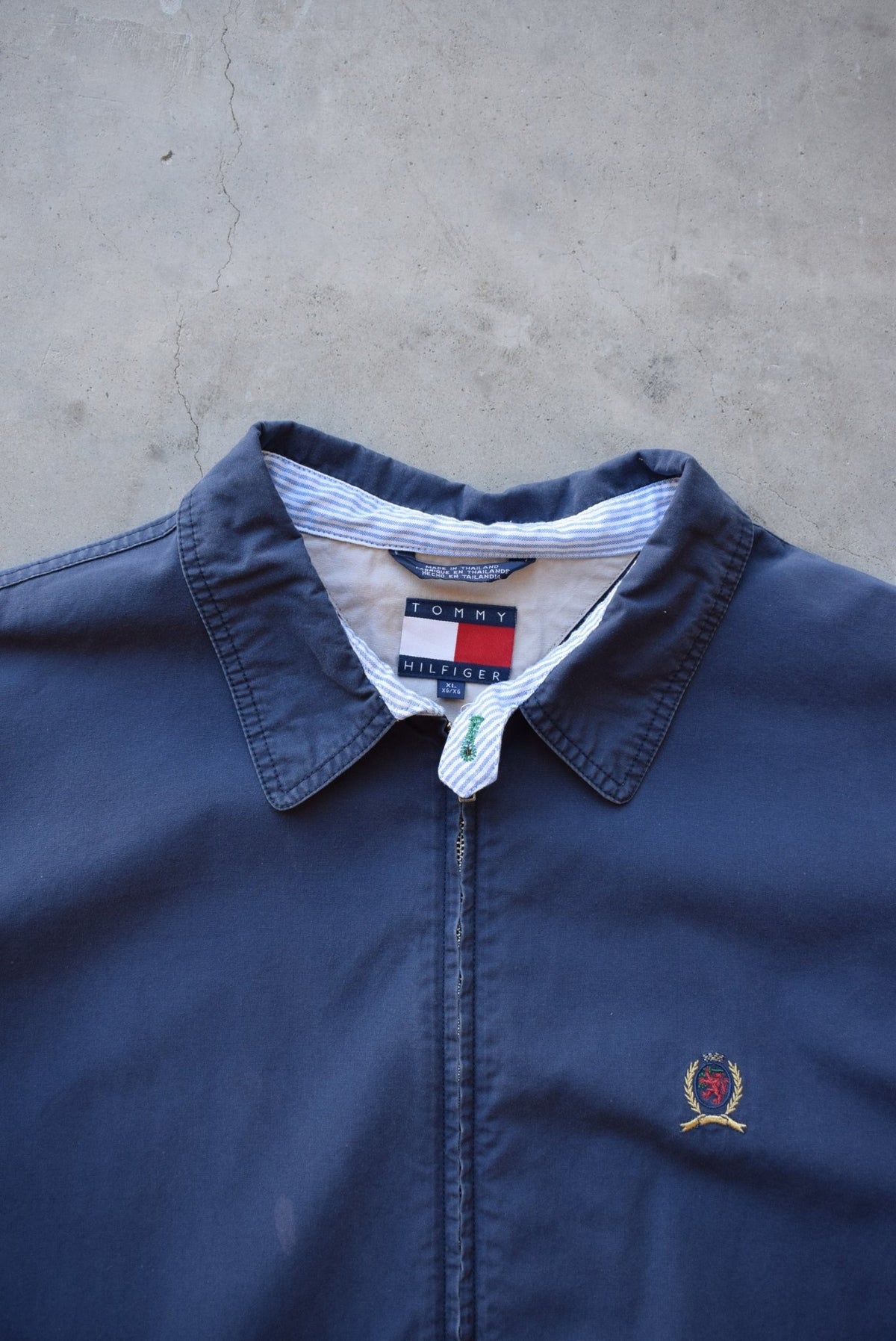 Tommy Hilfiger Navy Embroidered Logo Harrington Jacket — 1990s (XL) - Retrospective Store