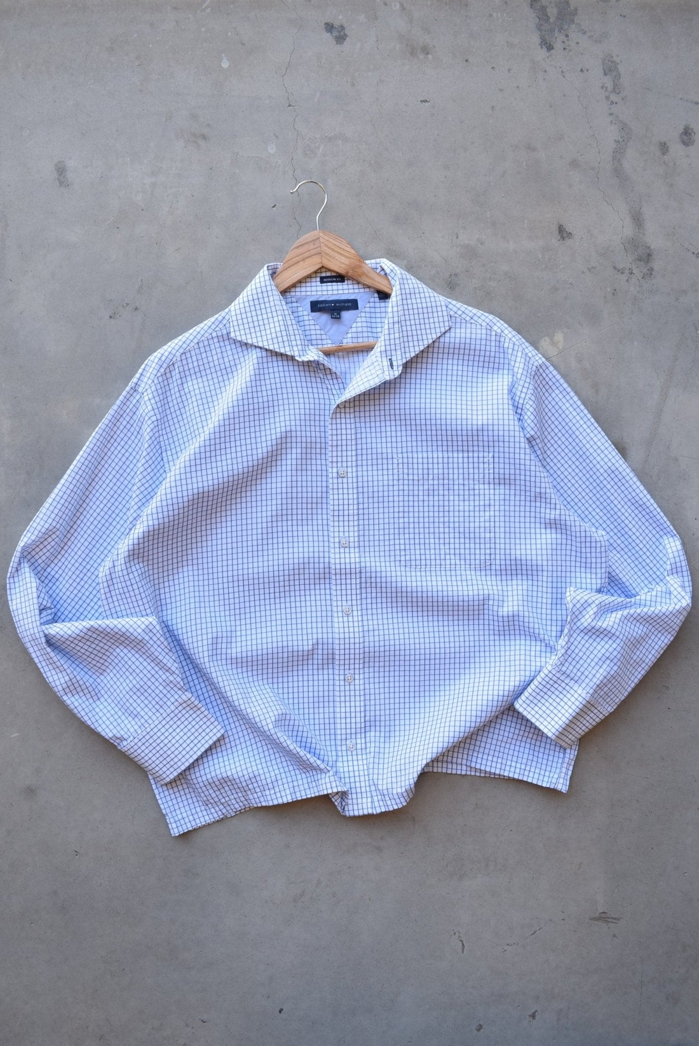 Tommy Hilfiger White & Blue Cropped Long Sleeve Button Up — 2000s (L/XL) - Retrospective Store