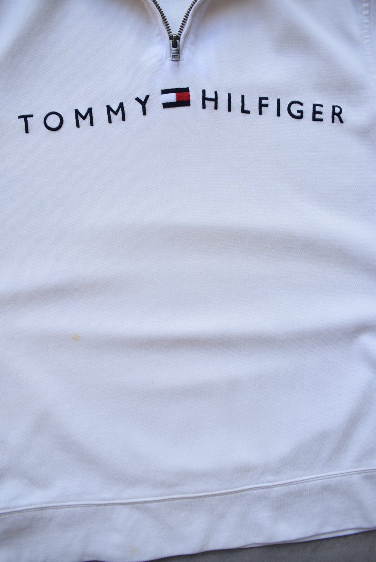 Tommy Hilfiger White Embroidered Spellout Quarter Zip — 1990s (M) - Retrospective Store