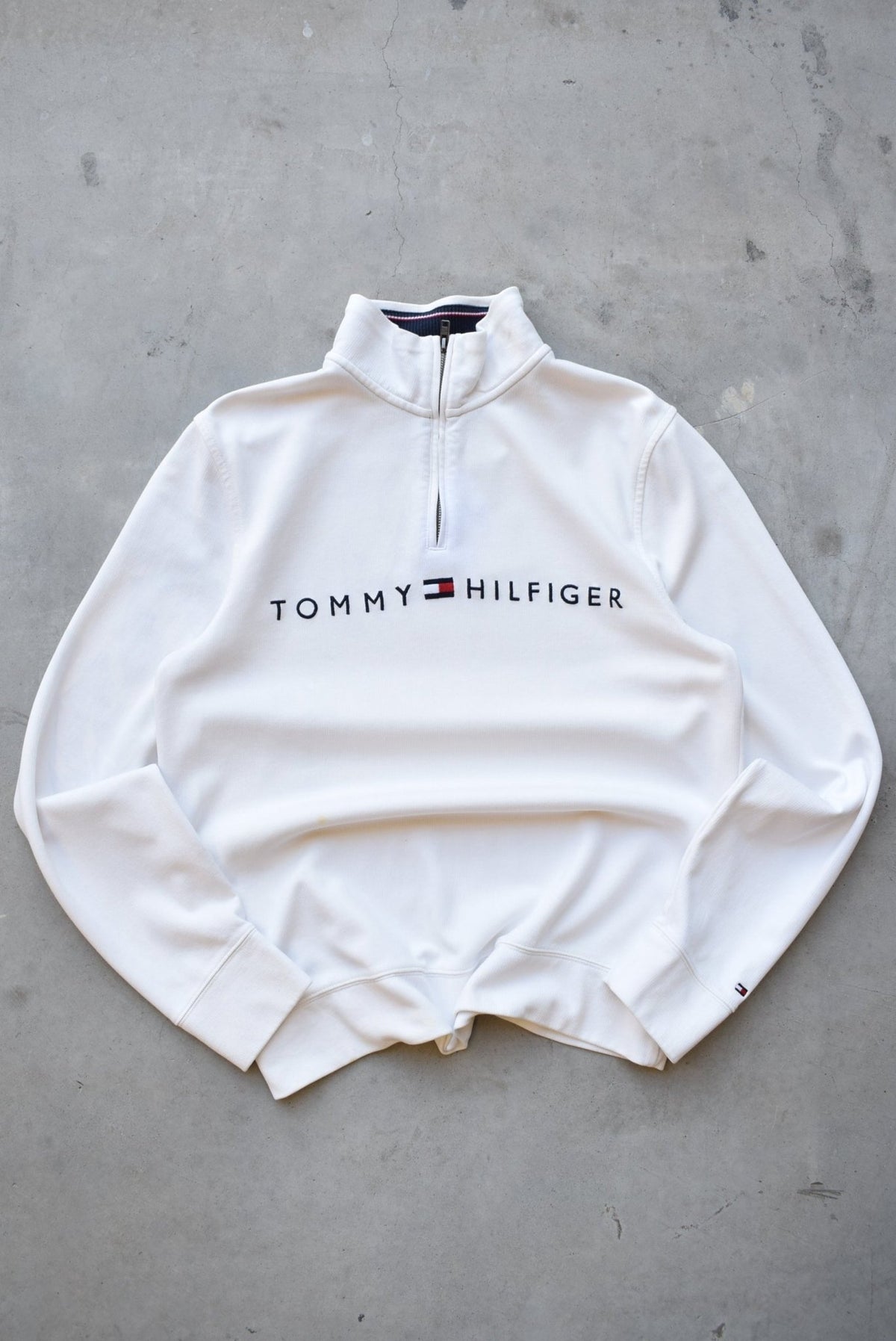 Tommy Hilfiger White Embroidered Spellout Quarter Zip — 1990s (M) - Retrospective Store