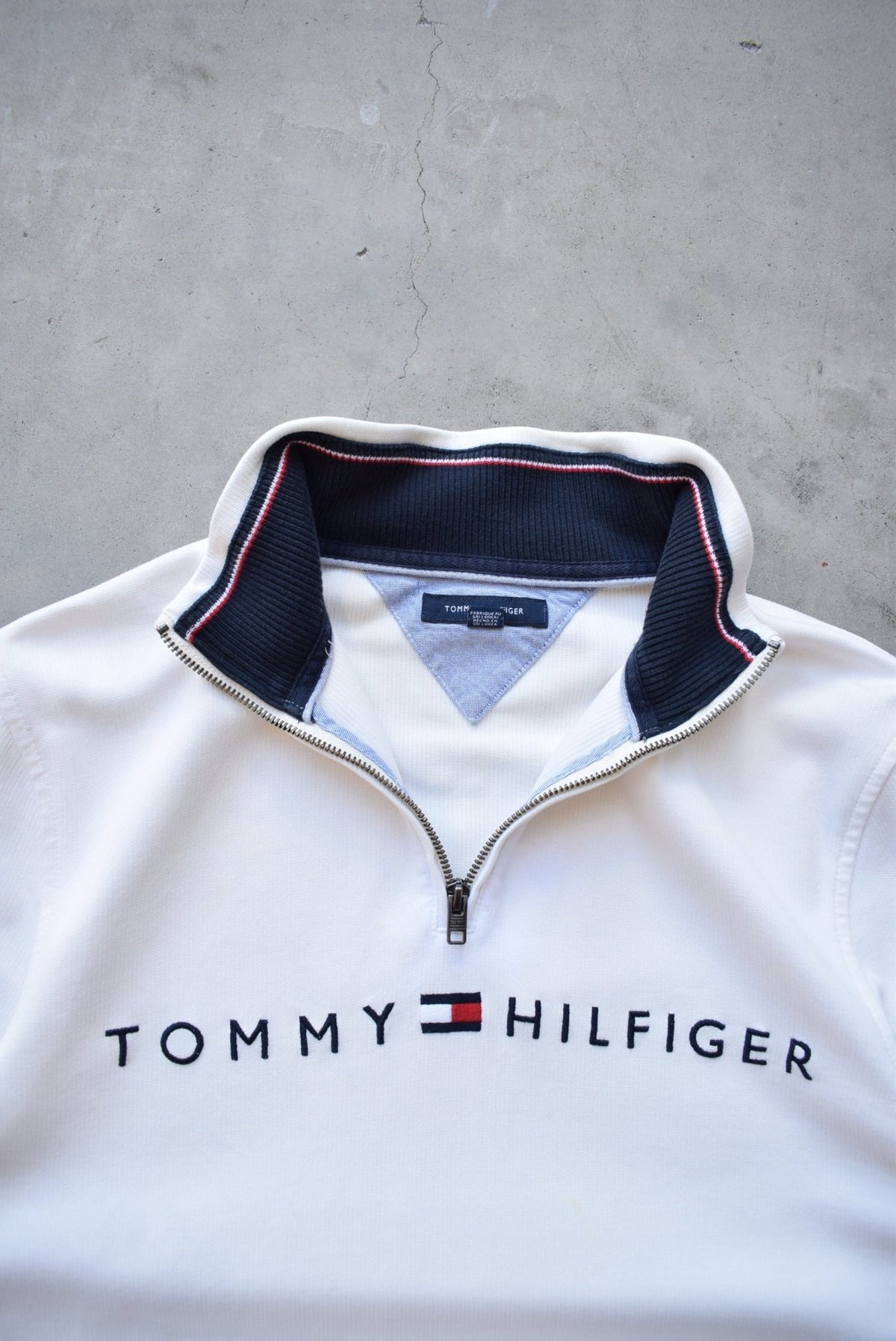 Tommy Hilfiger White Embroidered Spellout Quarter Zip — 1990s (M) - Retrospective Store