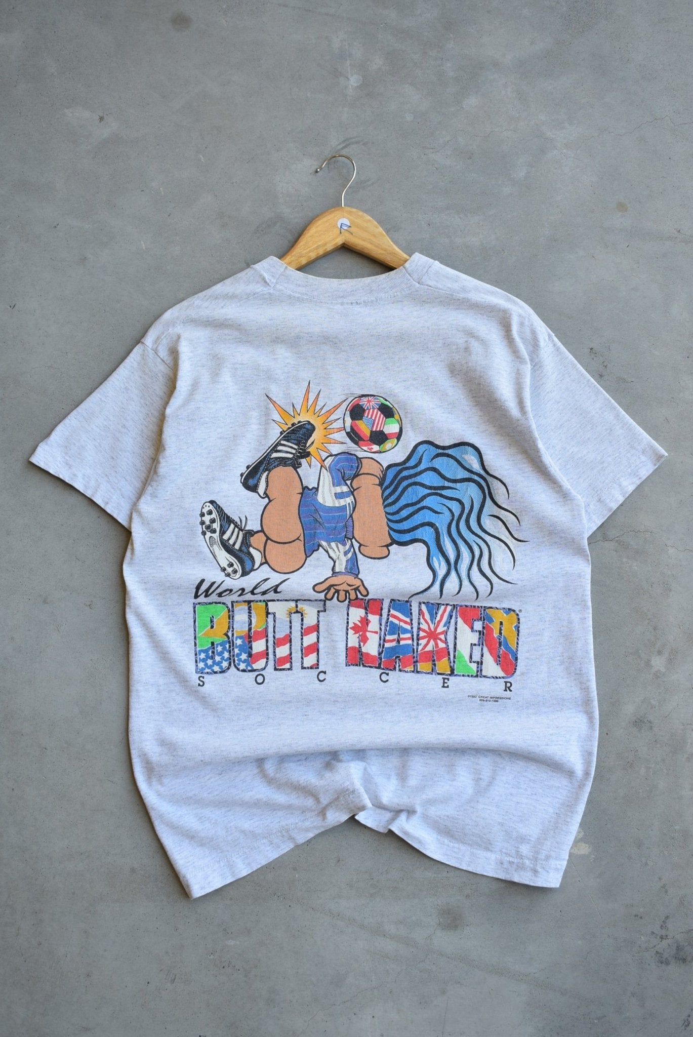 World Butt Naked Soccer Grey Graphic Tee — 1993 (M) - Retrospective Store