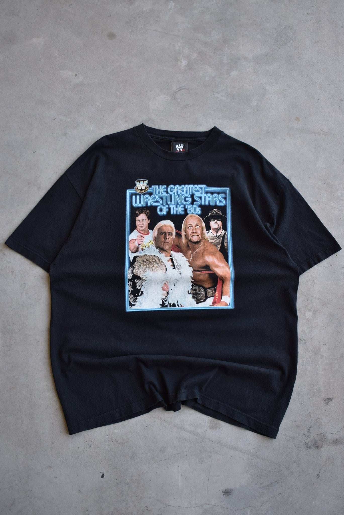 WWE 80's Wrestling Stars Black Graphic Tee — 2002 (XXL) - Retrospective Store