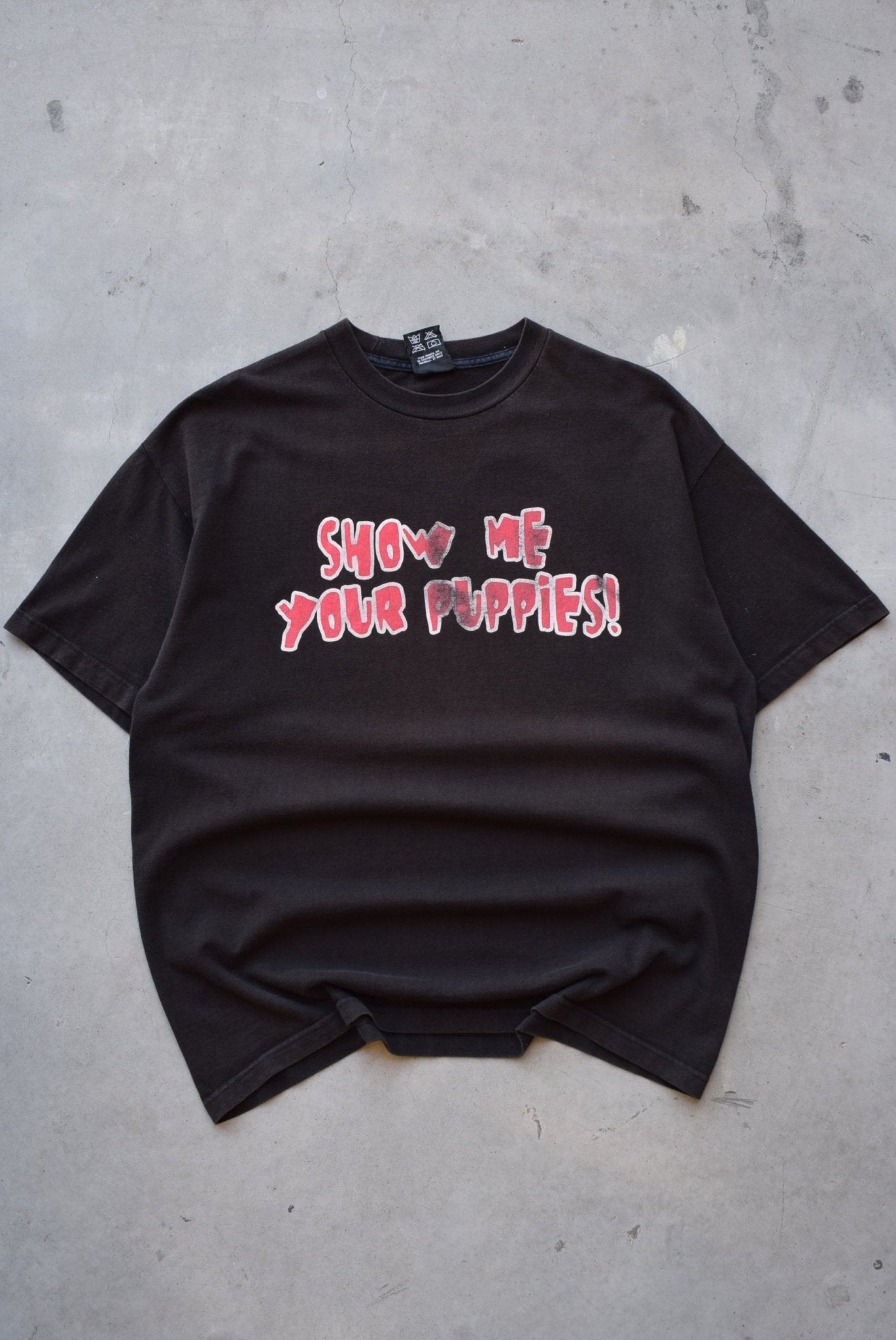 WWF Jerry Lawler 'Show Me Your Puppies!' Black Graphic Tee — 1995 (XL) - Retrospective Store