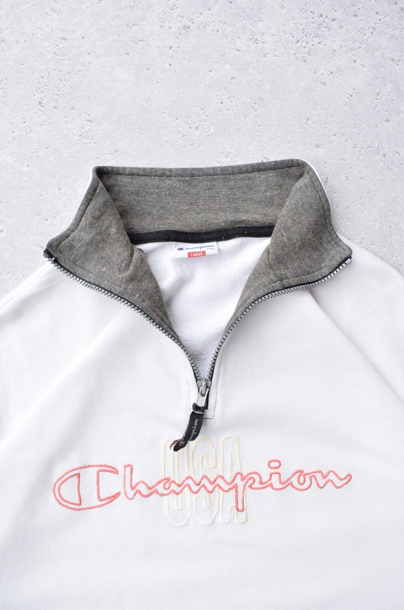 Vintage 90s Champion USA Embroidered Spellout 1/4 Zip Sweater (XL) - Retrospective Store